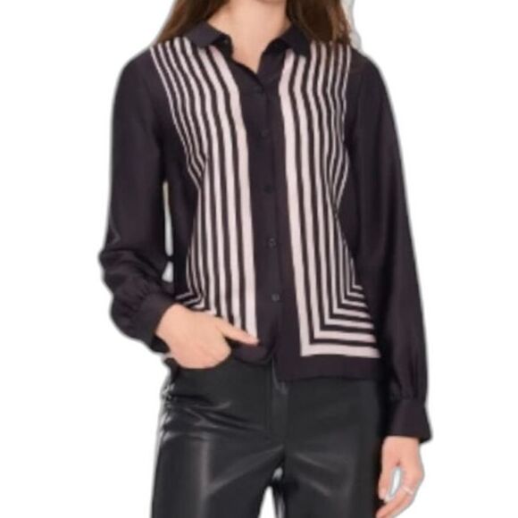 NEW Halogen Small Geo Boxed Black and White Striped Shirt Button-Up Retro Casual - Picture 1 of 15